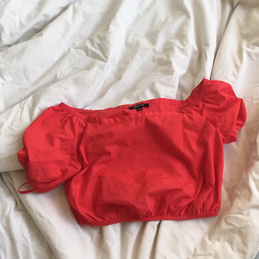 Madewell bright red bubble top off the shoulder